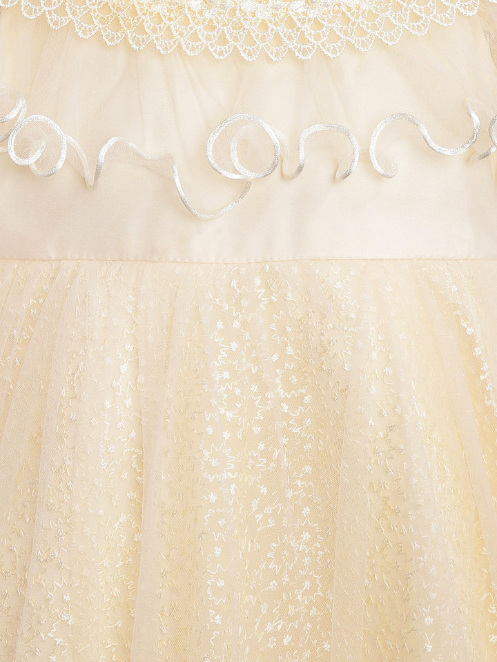 Girls Cream Polyester Embroidered Party Dress