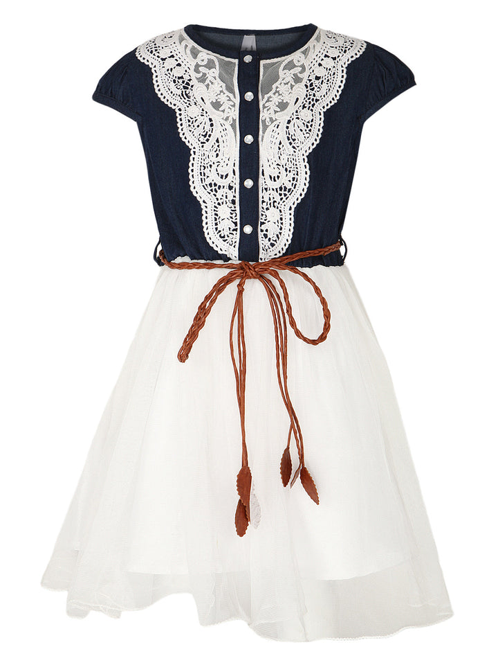 Girls White Crochet Denim & Net Dress With Belt