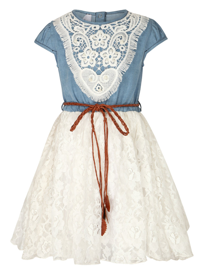 Girls Crochet Denim & Net Dress With Belt