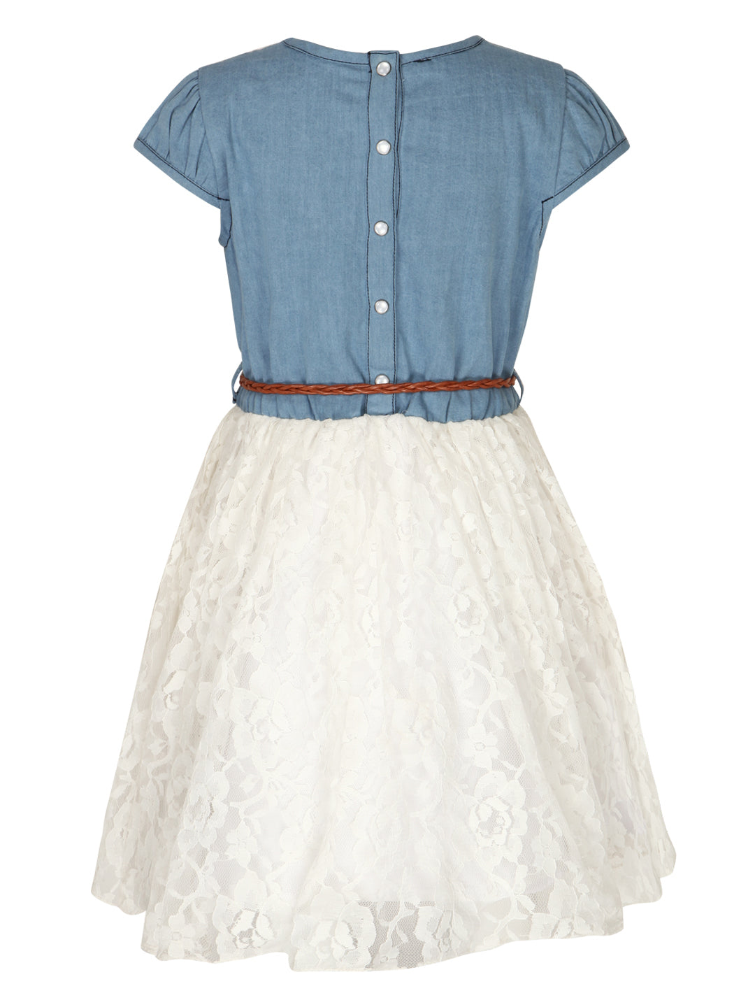 Girls Crochet Denim & Net Dress With Belt