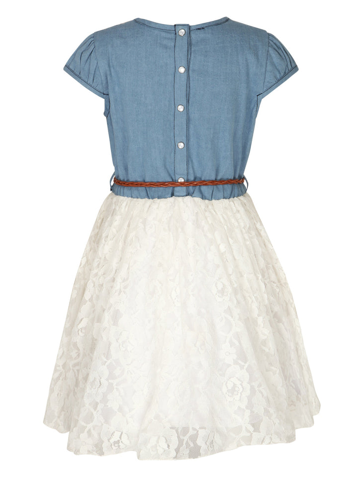 Girls Crochet Denim & Net Dress With Belt