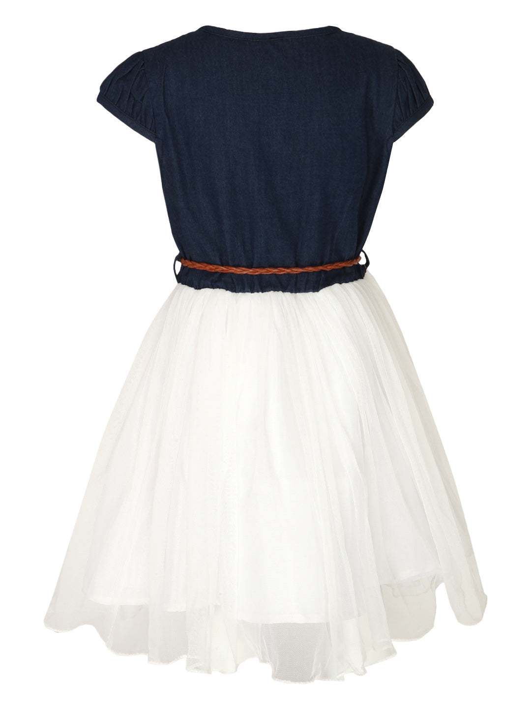 Girls White Crochet Denim & Net Dress With Belt