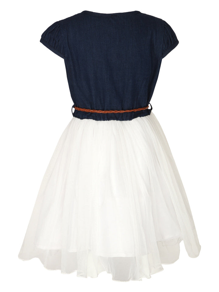 Girls White Crochet Denim & Net Dress With Belt