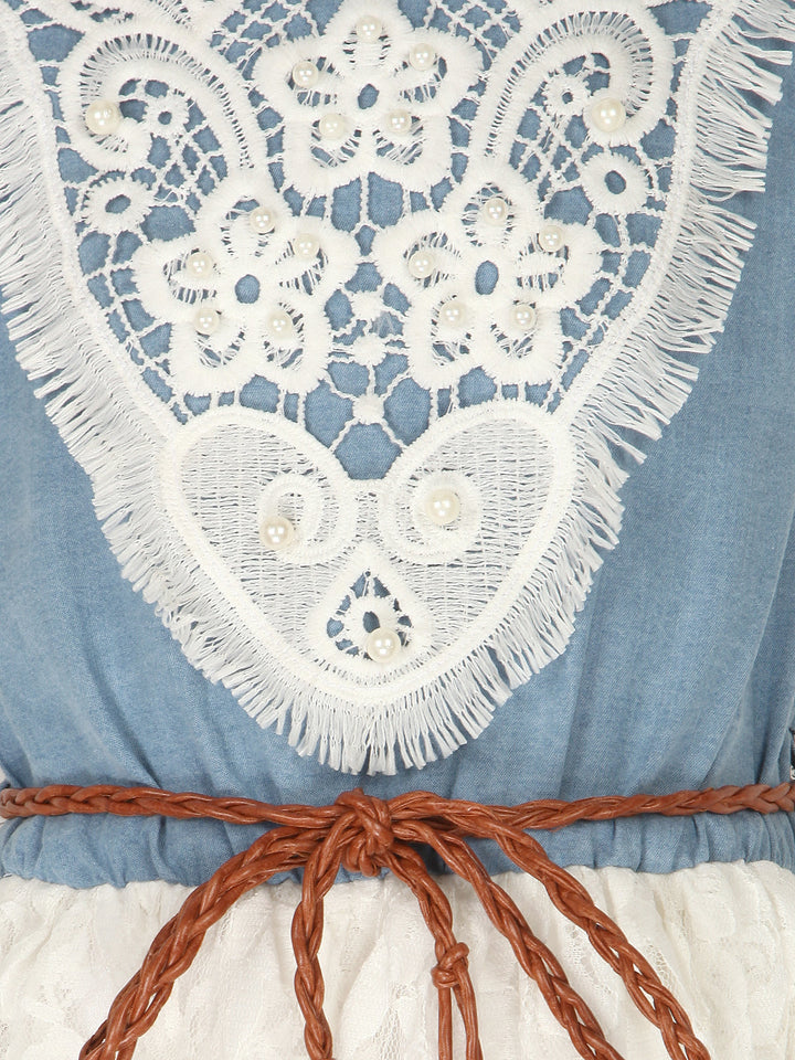 Girls Crochet Denim & Net Dress With Belt