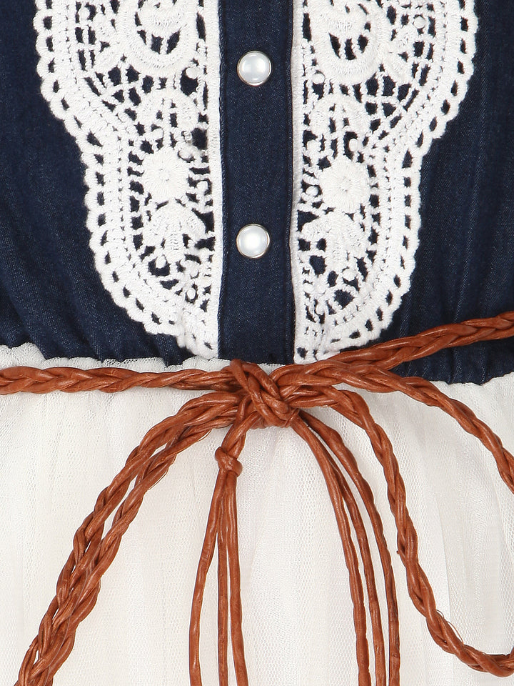Girls White Crochet Denim & Net Dress With Belt