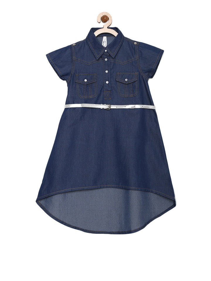 Girls Dark Blue Denim High-Low Dress With Belt