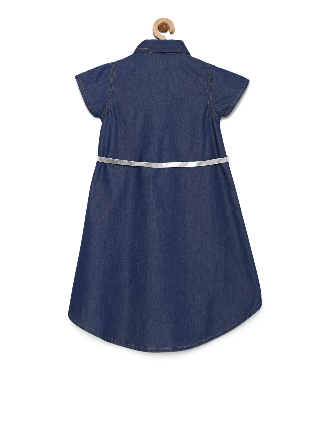 Girls Dark Blue Denim High-Low Dress With Belt