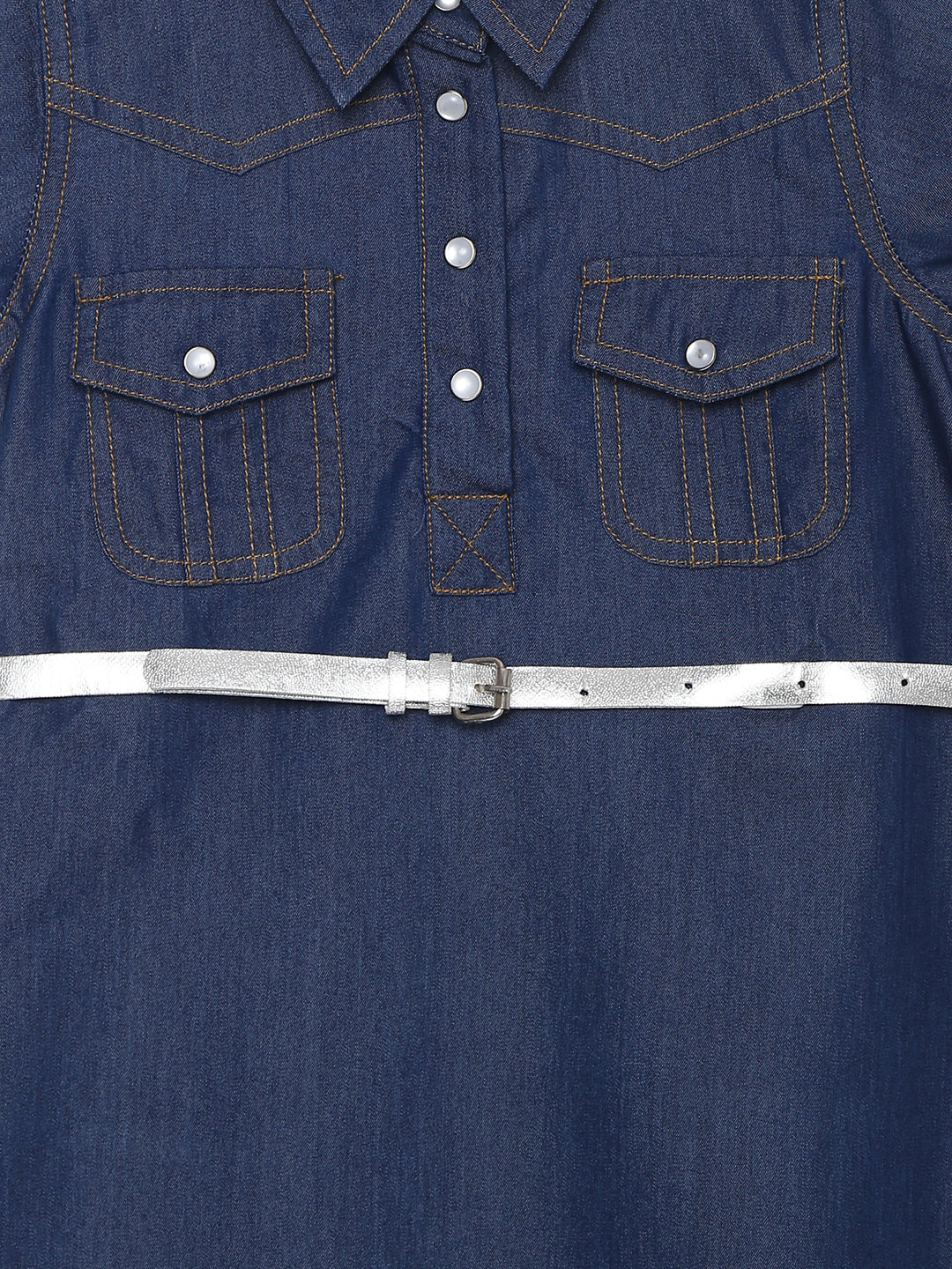 Girls Dark Blue Denim High-Low Dress With Belt
