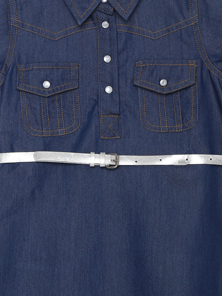 Girls Dark Blue Denim High-Low Dress With Belt