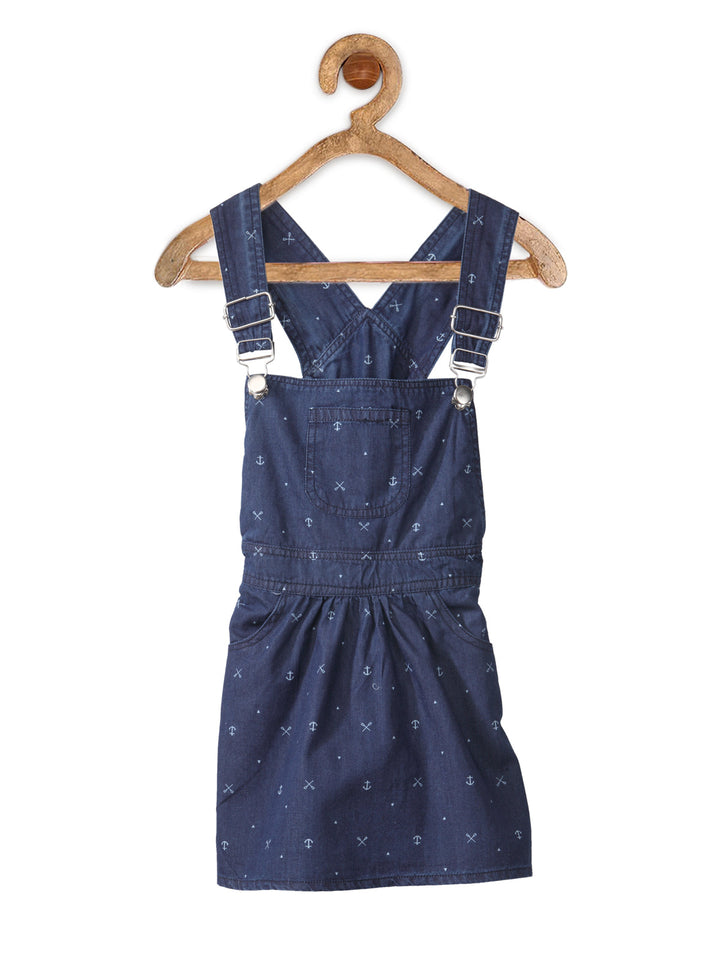 Girls Blue Denim Anchor Print Dungaree Dress