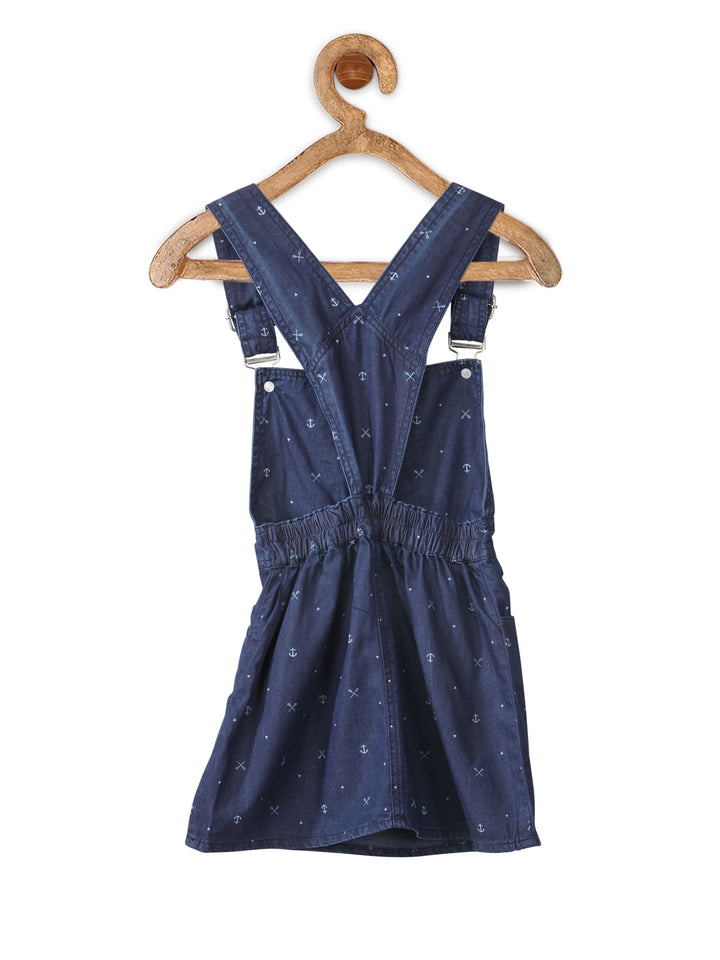 Girls Blue Denim Anchor Print Dungaree Dress