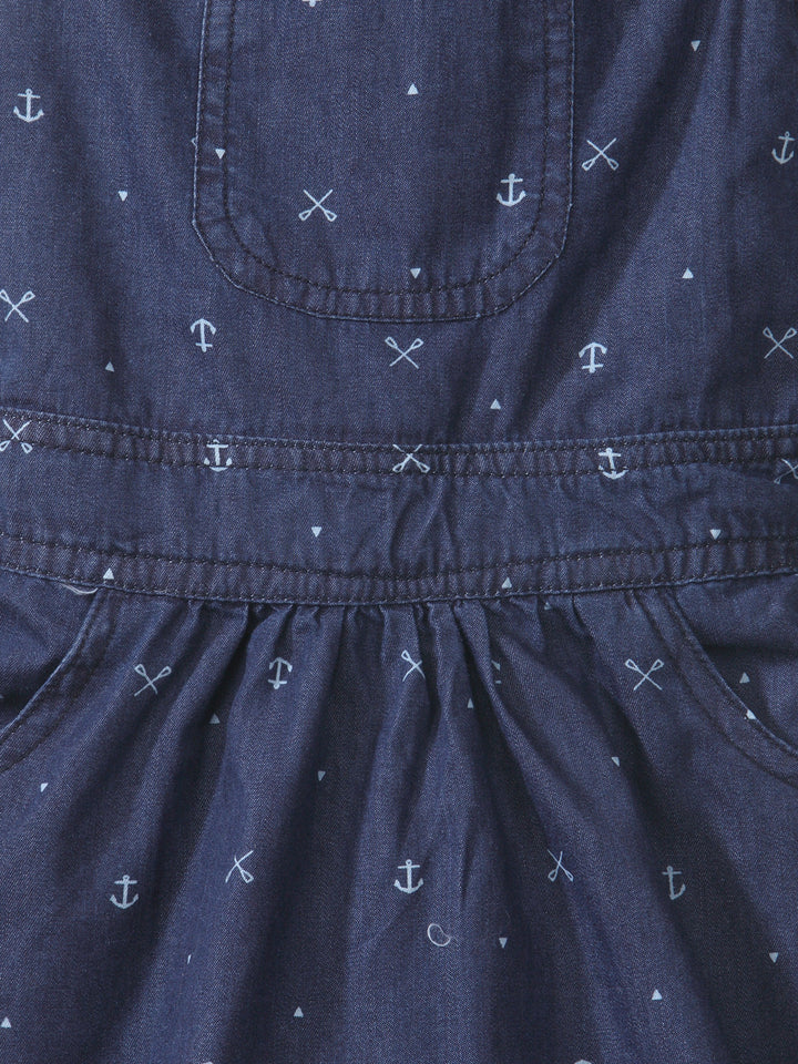 Girls Blue Denim Anchor Print Dungaree Dress