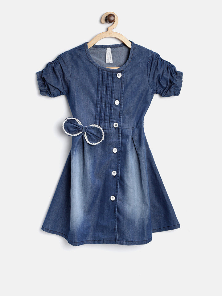 Girls Blue Denim Dress With Bow & White Lace