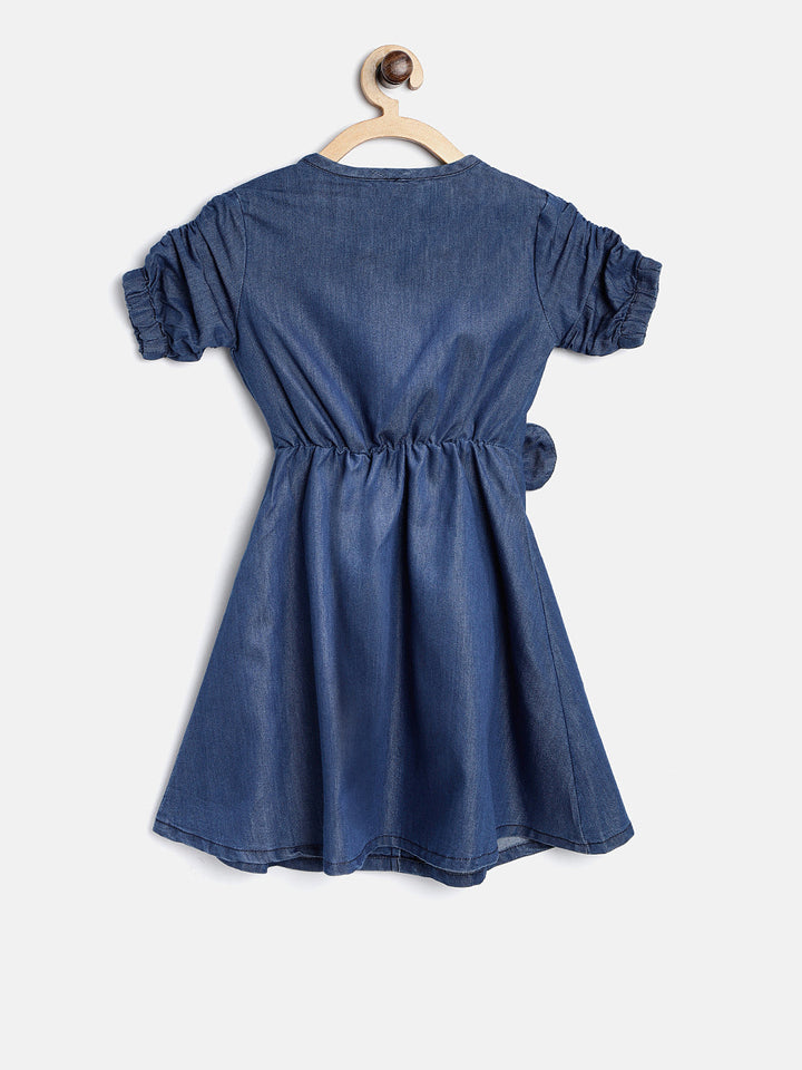 Girls Blue Denim Dress With Bow & White Lace