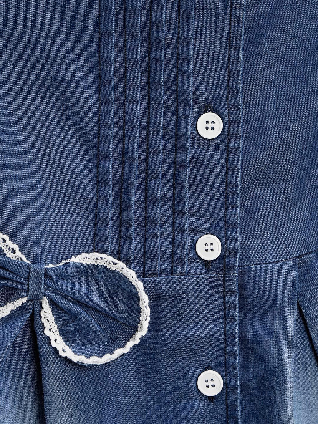 Girls Blue Denim Dress With Bow & White Lace