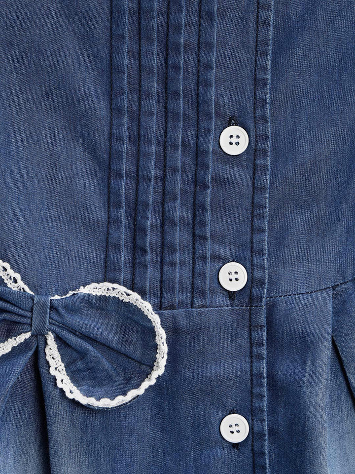 Girls Blue Denim Dress With Bow & White Lace