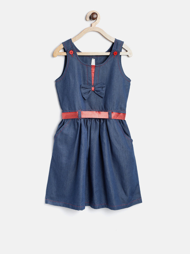 Girls Blue Denim Dress With Red Satin Ribbon Inset