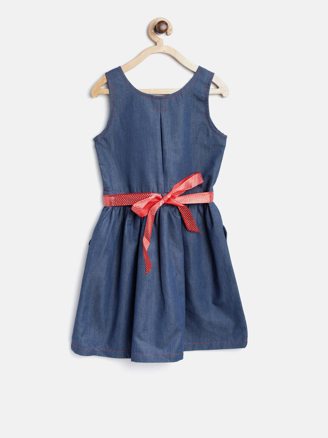 Girls Blue Denim Dress With Red Satin Ribbon Inset