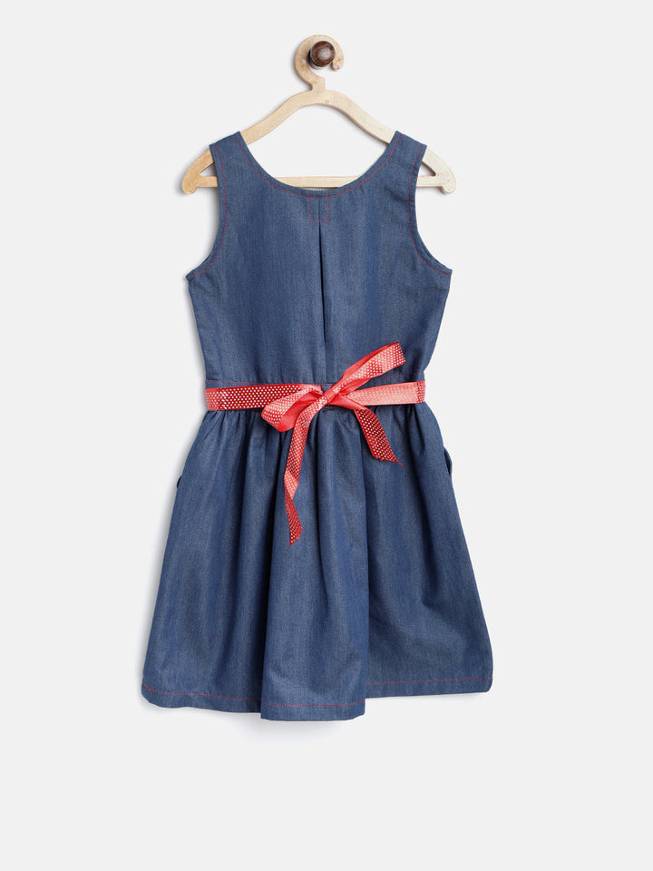 Girls Blue Denim Dress With Red Satin Ribbon Inset