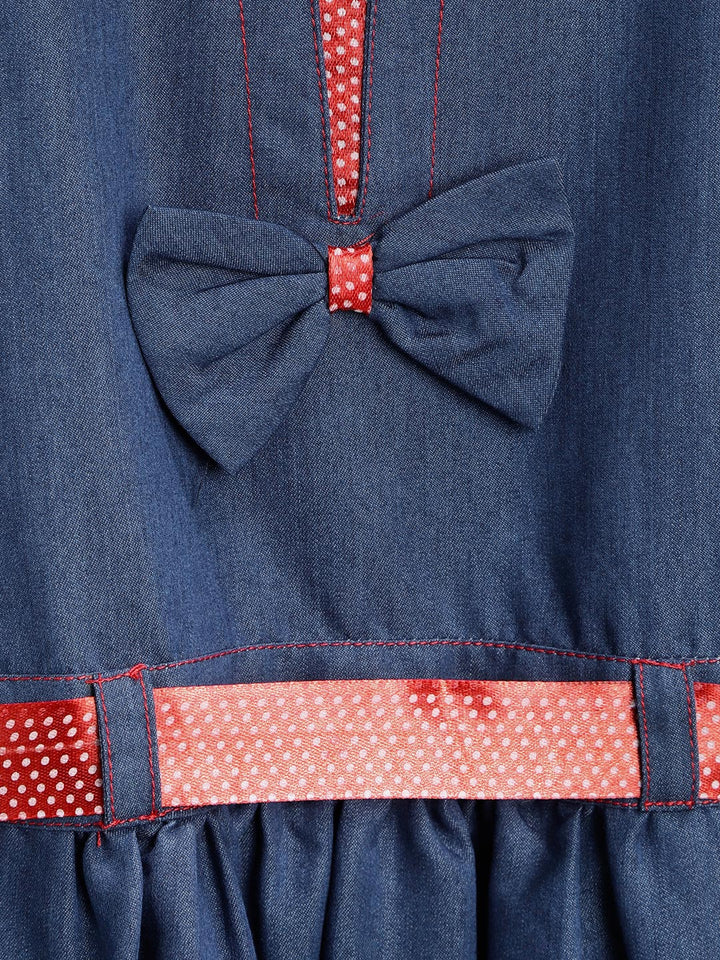 Girls Blue Denim Dress With Red Satin Ribbon Inset