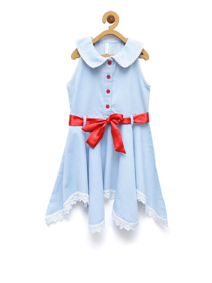 Girls Denim & Lace Blue Hemline Dress With Red Belt