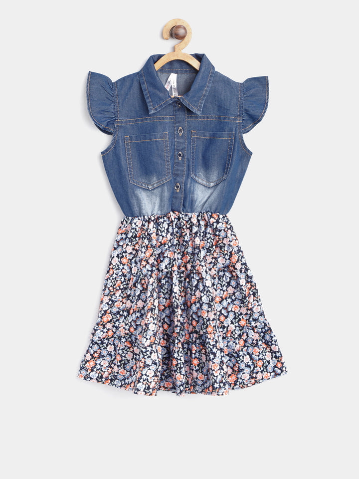 Girls Denim Blue & Red Floral Printed Dress