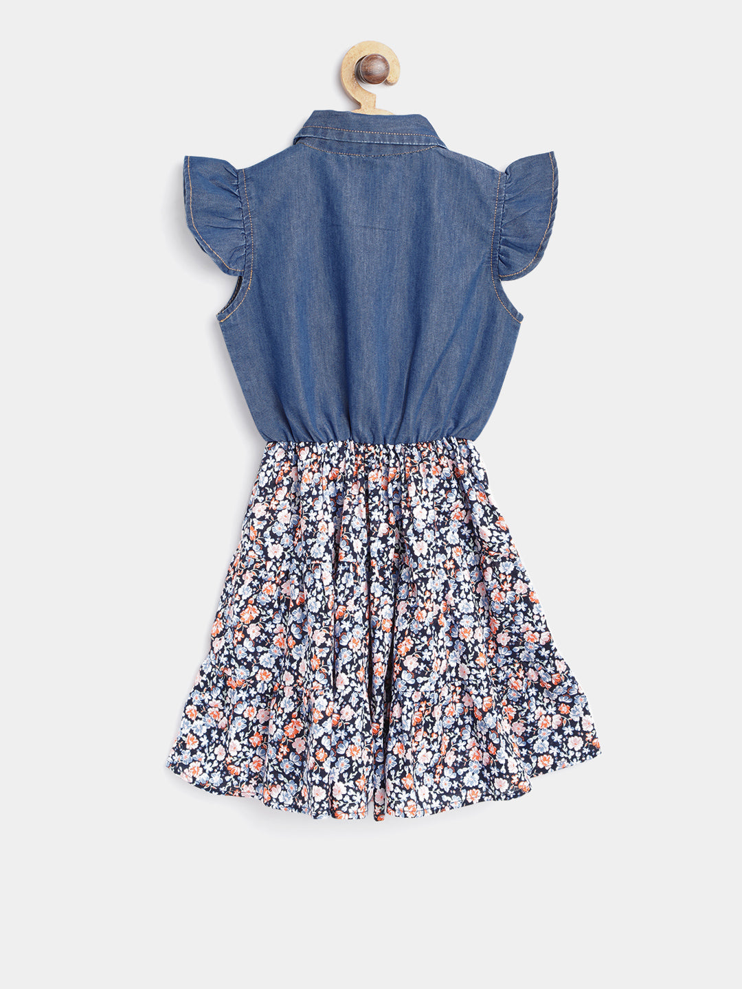 Girls Denim Blue & Red Floral Printed Dress