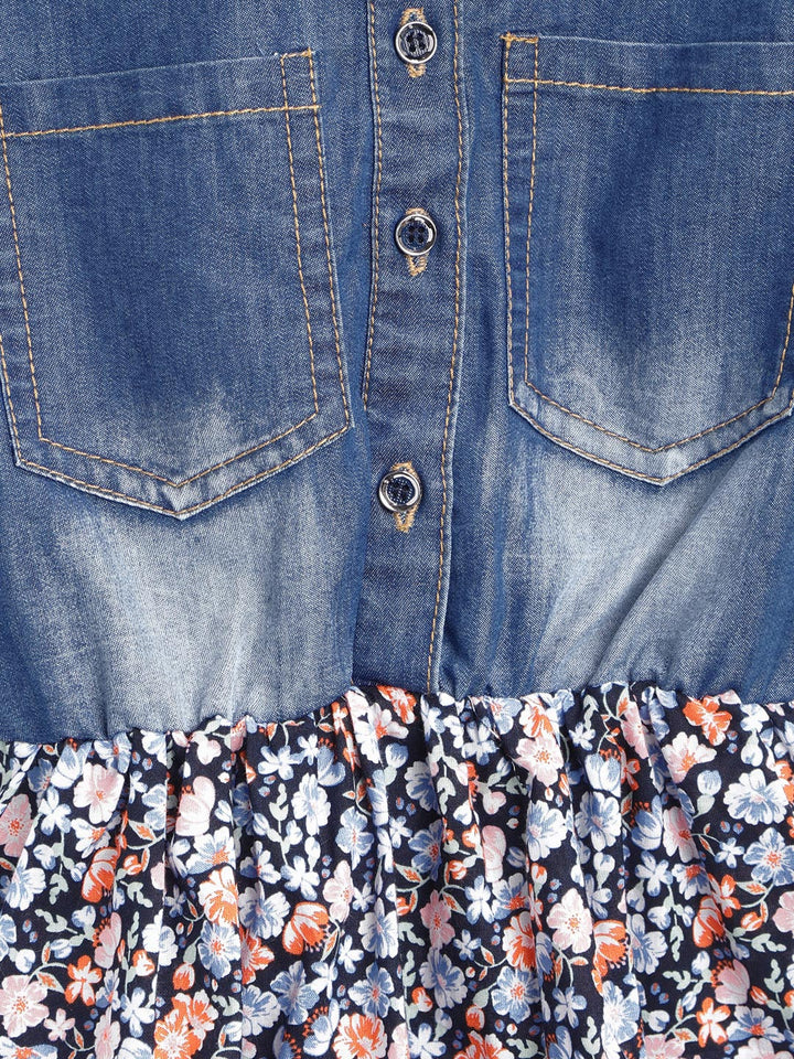 Girls Denim Blue & Red Floral Printed Dress