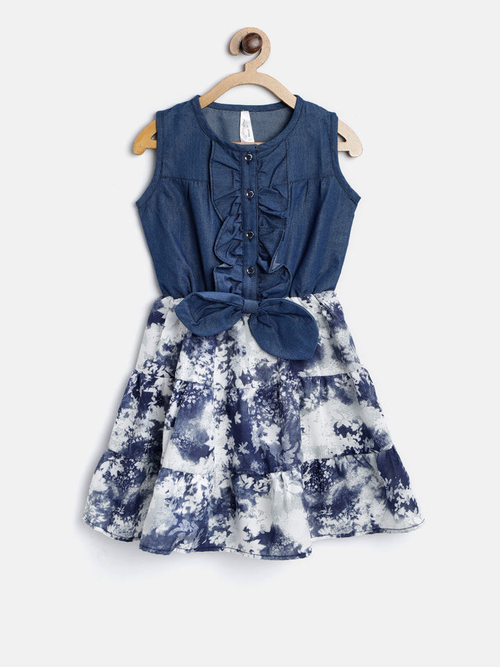 Girls Blue Denim & White Print Dress