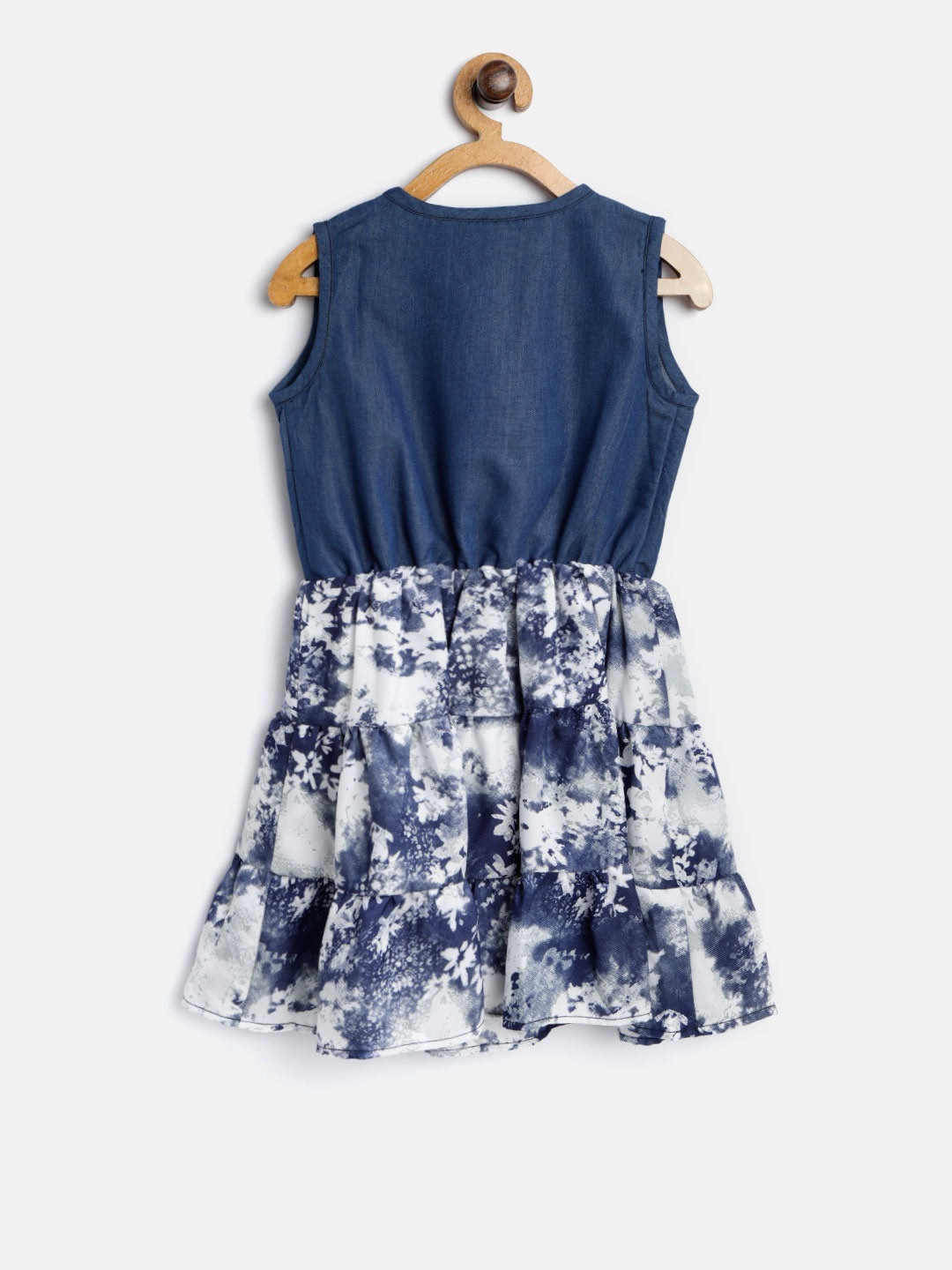 Girls Blue Denim & White Print Dress