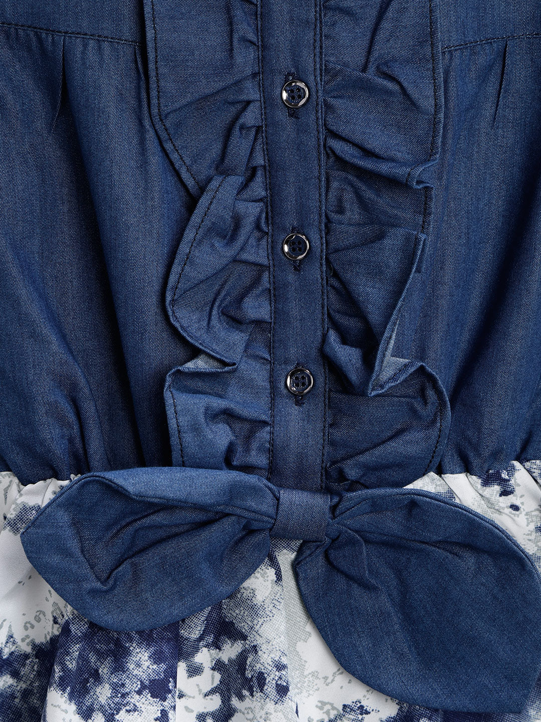 Girls Blue Denim & White Print Dress