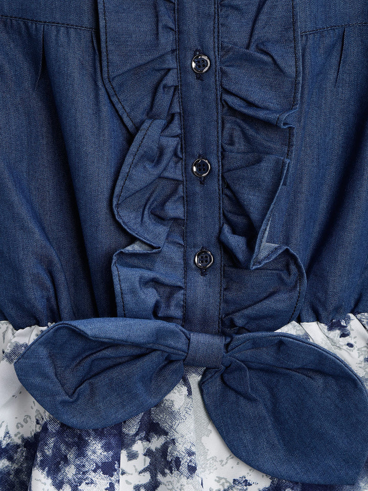Girls Blue Denim & White Print Dress
