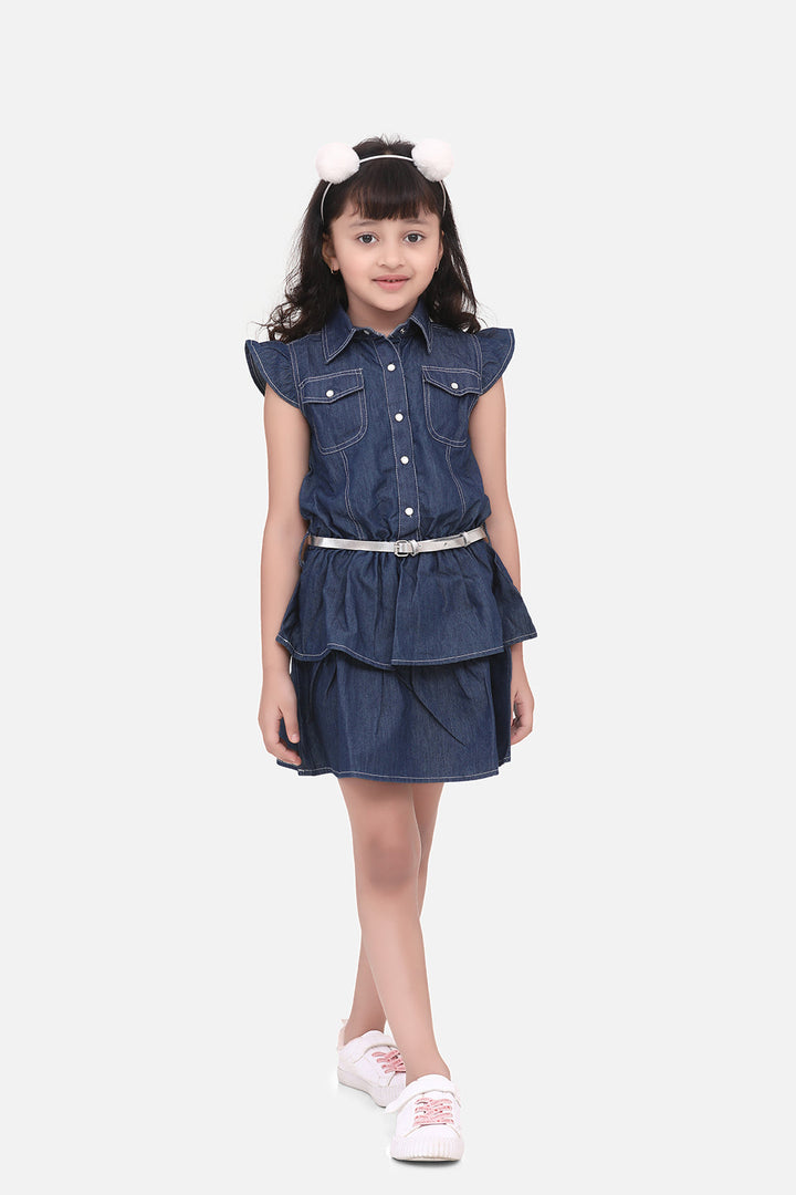 Girls Blue Denim Cinderella Dress With Belt