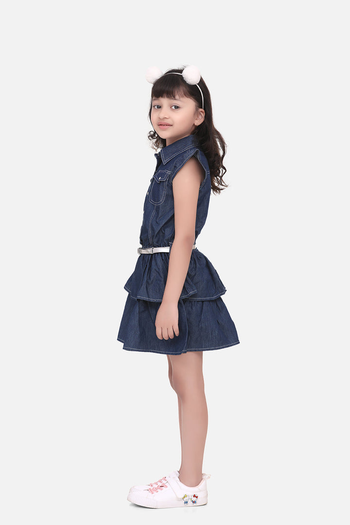 Girls Blue Denim Cinderella Dress With Belt