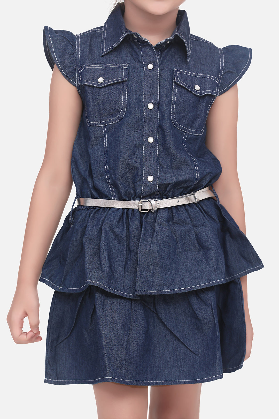 Girls Blue Denim Cinderella Dress With Belt