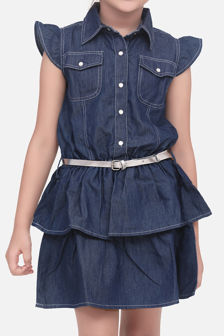 Girls Blue Denim Cinderella Dress With Belt