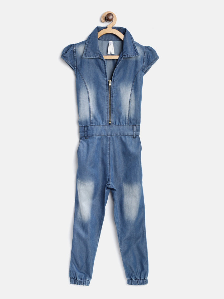 Girls Navy Dark Blue Denim Washed Jumpsuit