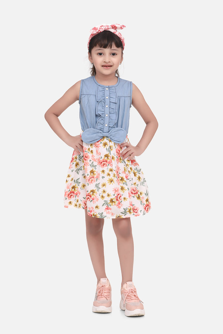 Girls Multicolored Dress With Denim Bodice & Floral Skirt