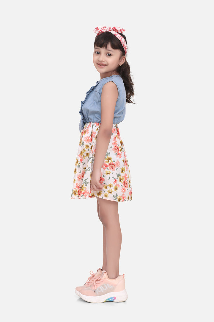 Girls Multicolored Dress With Denim Bodice & Floral Skirt