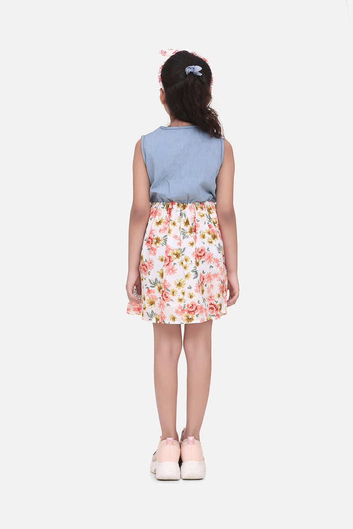Girls Multicolored Dress With Denim Bodice & Floral Skirt