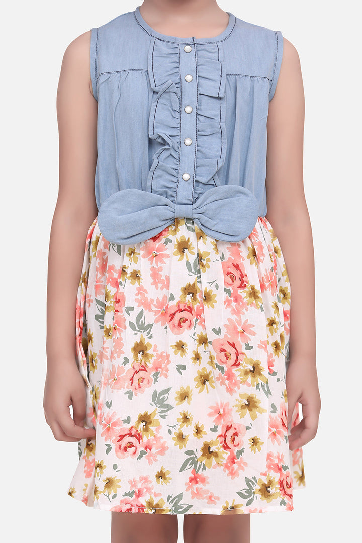 Girls Multicolored Dress With Denim Bodice & Floral Skirt