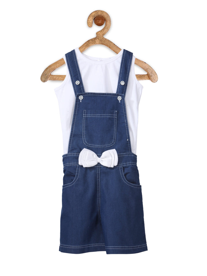 Girls Denim Dungaree Shorts With White Bow & Sleveless Top