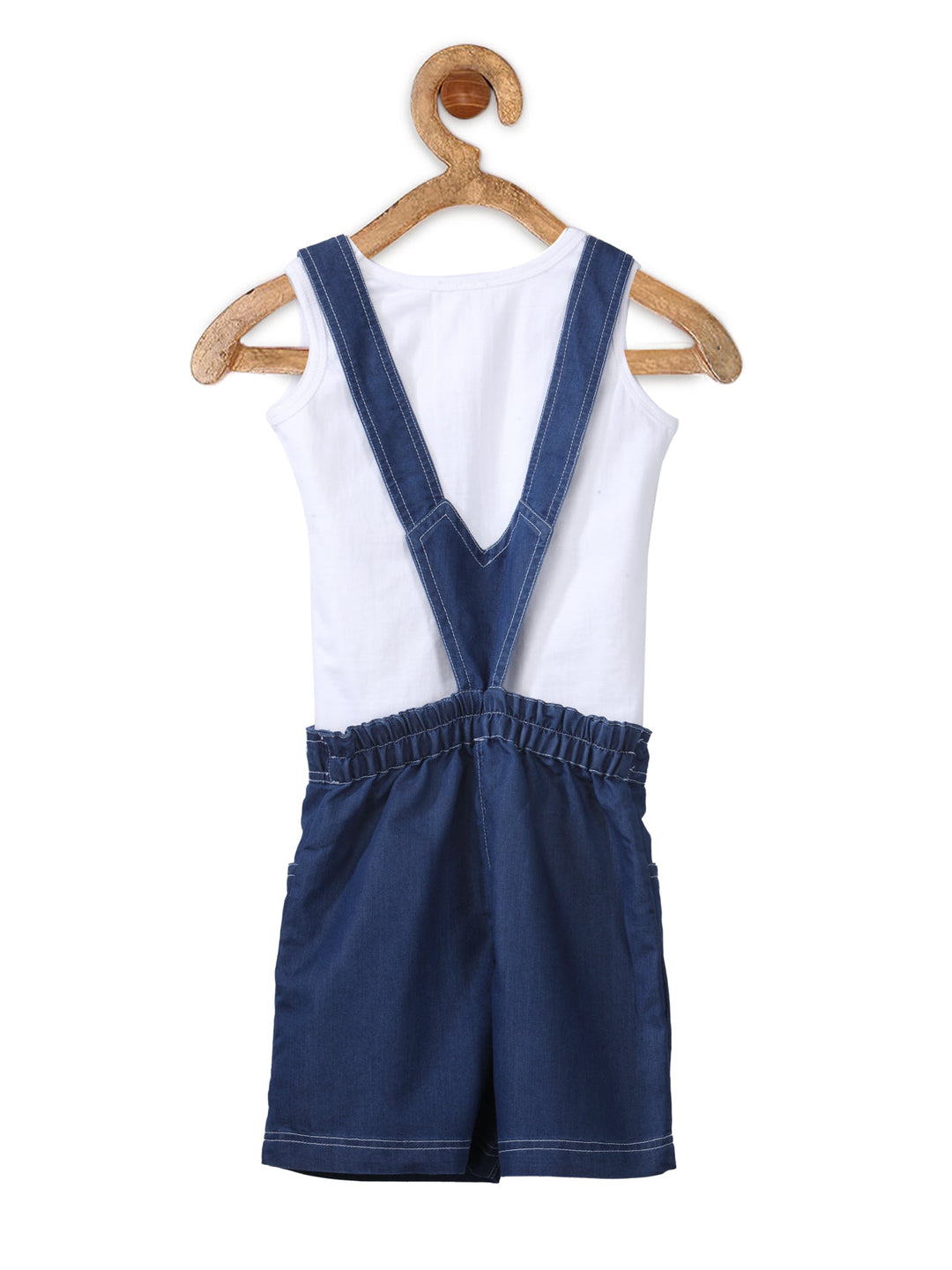 Girls Denim Dungaree Shorts With White Bow & Sleveless Top