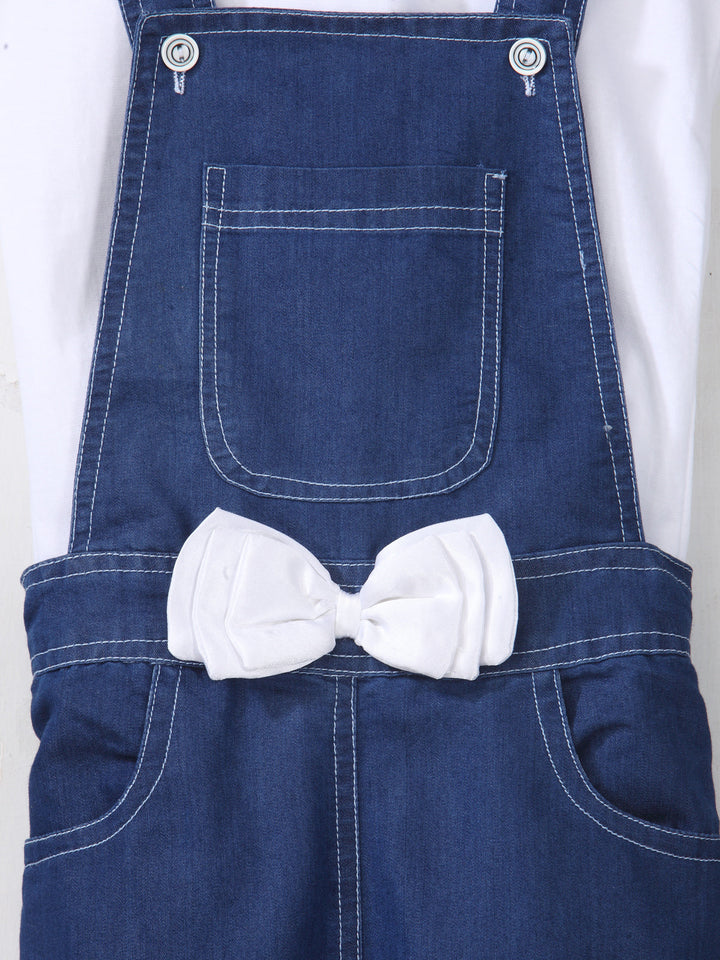 Girls Denim Dungaree Shorts With White Bow & Sleveless Top