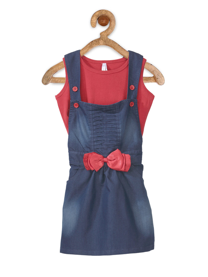 Girls Denim Red Bow Dungaree Dress With Sleeveless Top