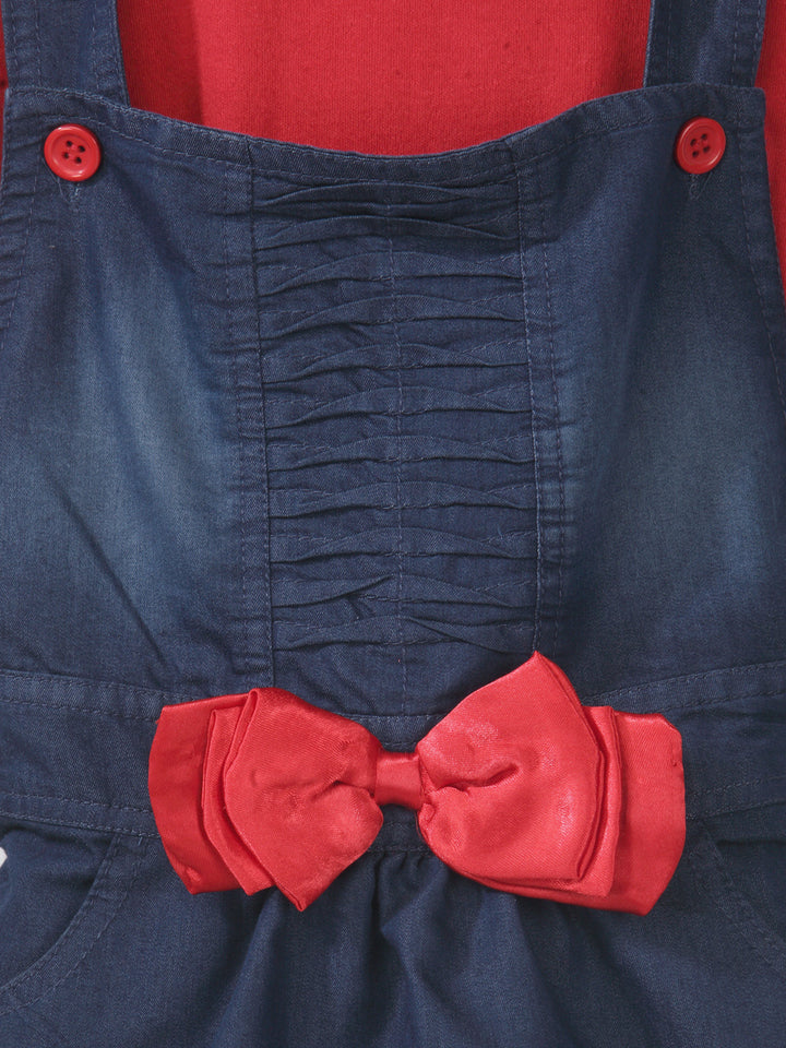 Girls Denim Red Bow Dungaree Dress With Sleeveless Top