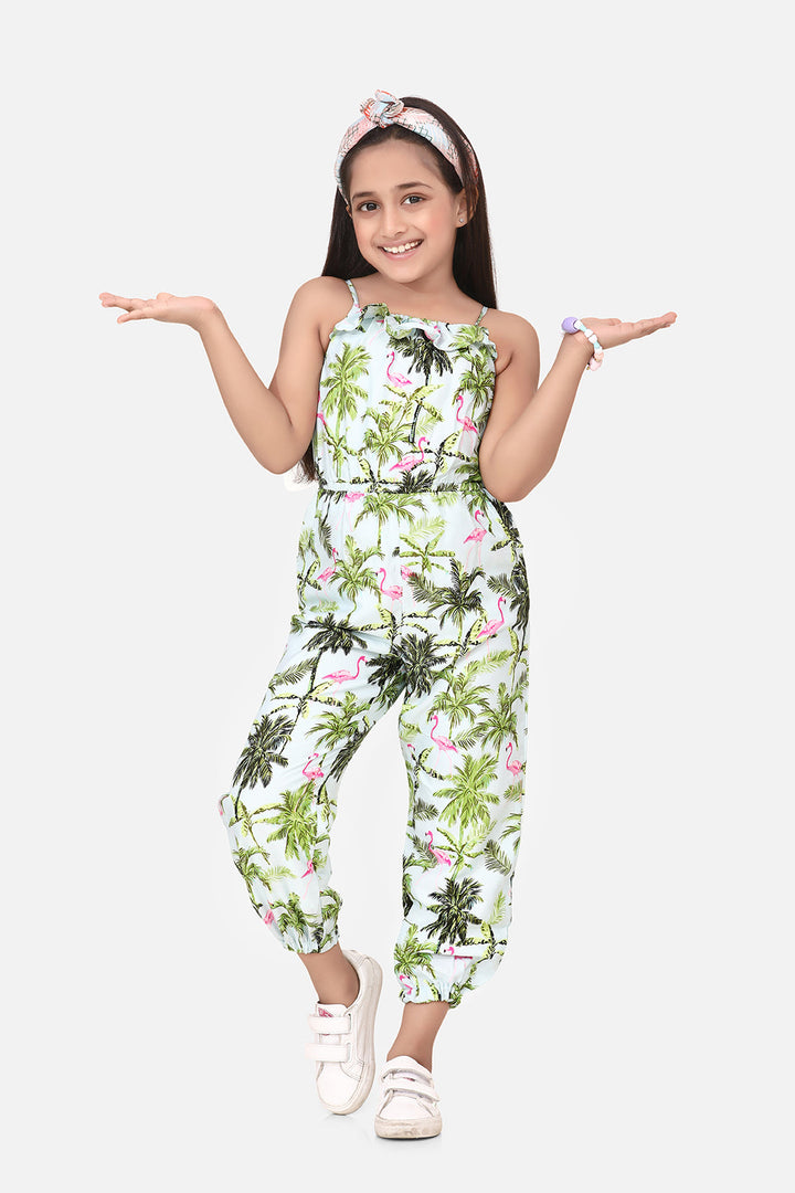 Girls Denim Flamingo Print Jumpsuit