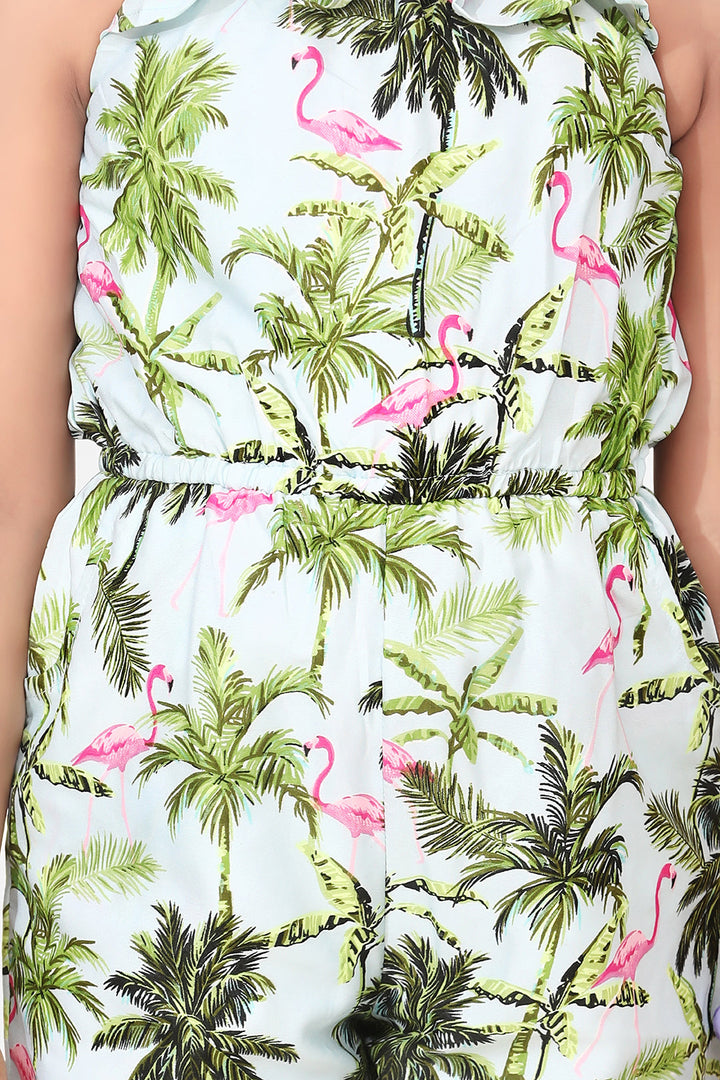 Girls Denim Flamingo Print Jumpsuit