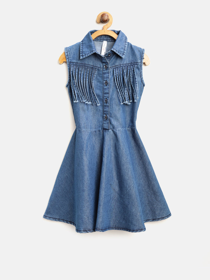 Girls Blue Denim Fringe Sleeveless Dress