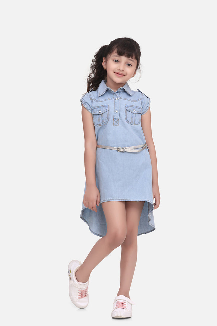 Girls Blue Denim High-Low Dress With Belt